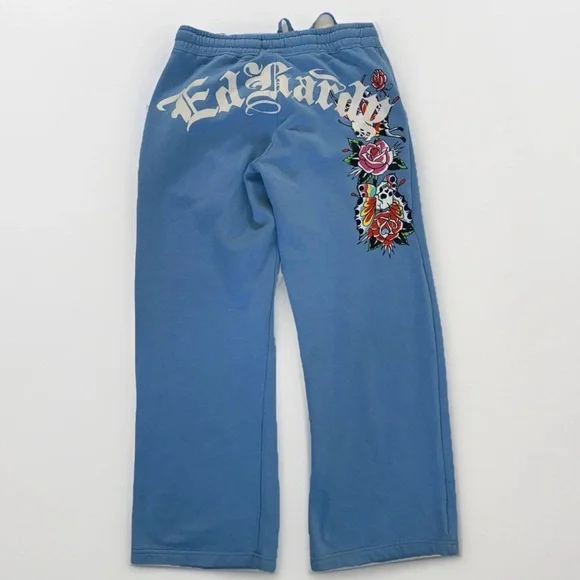 Ed Hardy Flower Skulls Powder Blue Women’s Sweatpants Medium Graphic Print Y2K - Picture 7 of 13